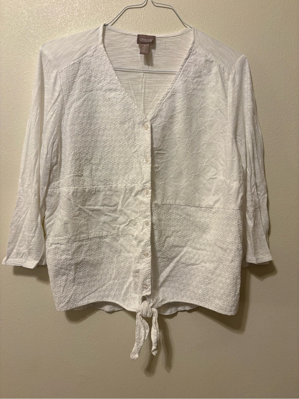 Chico's White Button-Front Tie-Hem Textured Blouse